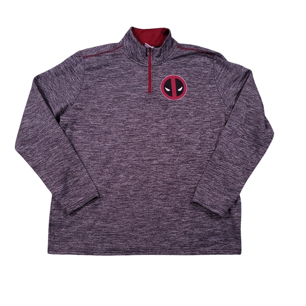 Marvel Deadpool Pullover Mens XL Gray Burgundy Space Dye 1/4 Zip Mock Neck Sweat